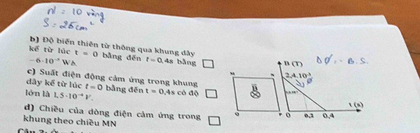 Độ biến thiên từ thông qua khung dây B(T)
kế từ lúc t=0 bằng đēn t=0.4s bằng
-6· 10^(-5) W b. 2,4,10^(-3)
c) Suất điện động cảm ứng trong khung 1.3.10)
dây kế từ lúc t=0
lón là 1.5· 10^(-4)V. bằng đến t=0.4s có độ
t(s)
d) Chiều của dòng điện cảm ứng trong 0,2 0,4
khung theo chiều MN