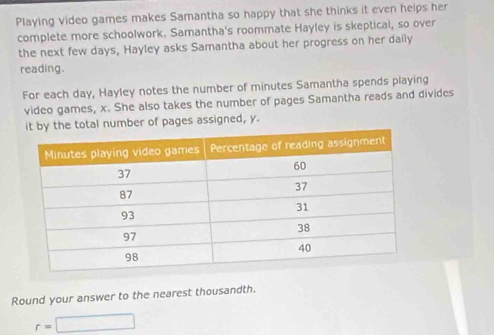 Playing video games makes Samantha so happy that she thinks it even helps her 
complete more schoolwork. Samantha's roommate Hayley is skeptical, so over 
the next few days, Hayley asks Samantha about her progress on her daily 
reading. 
For each day, Hayley notes the number of minutes Samantha spends playing 
video games, x. She also takes the number of pages Samantha reads and divides 
otal number of pages assigned, y. 
Round your answer to the nearest thousandth.
r=□