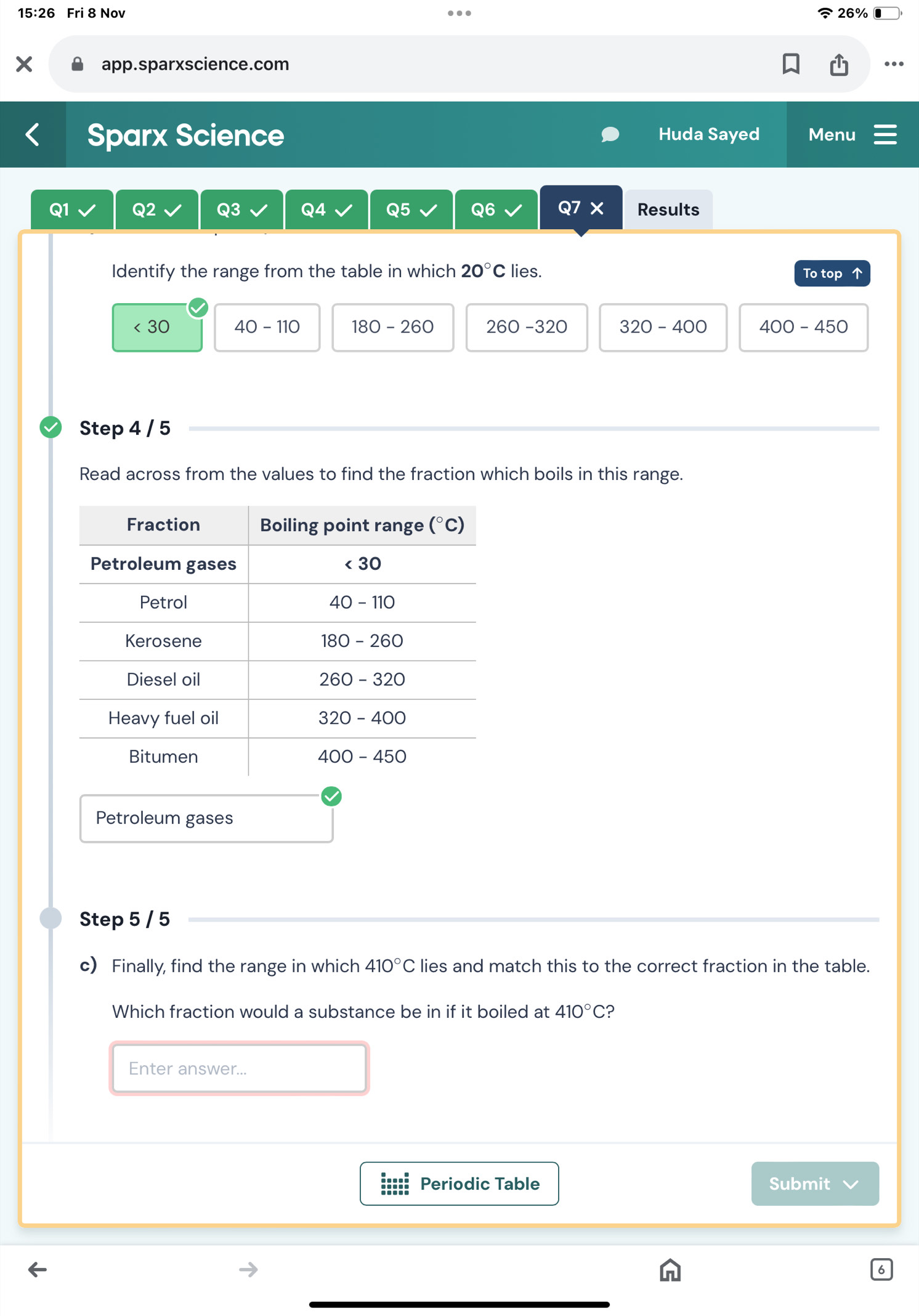 15:26 Fri 8 Nov 26%
app.sparxscience.com
Sparx Science Huda Sayed Menu
Q1 Q2 Q3 Q4 Q5 QG Q7 X Results
Identify the range from the table in which 20°C lies. To top ↑
< 30  40-110 180-260 260-320 320-400 400-450
Step 4 / 5
Read across from the values to find the fraction which boils in this range.
Petroleum gases
Step 5 / 5
c) Finally, find the range in which 410°C lies and match this to the correct fraction in the table.
Which fraction would a substance be in if it boiled at 410°C ?
Enter answer...
Periodic Table Submit