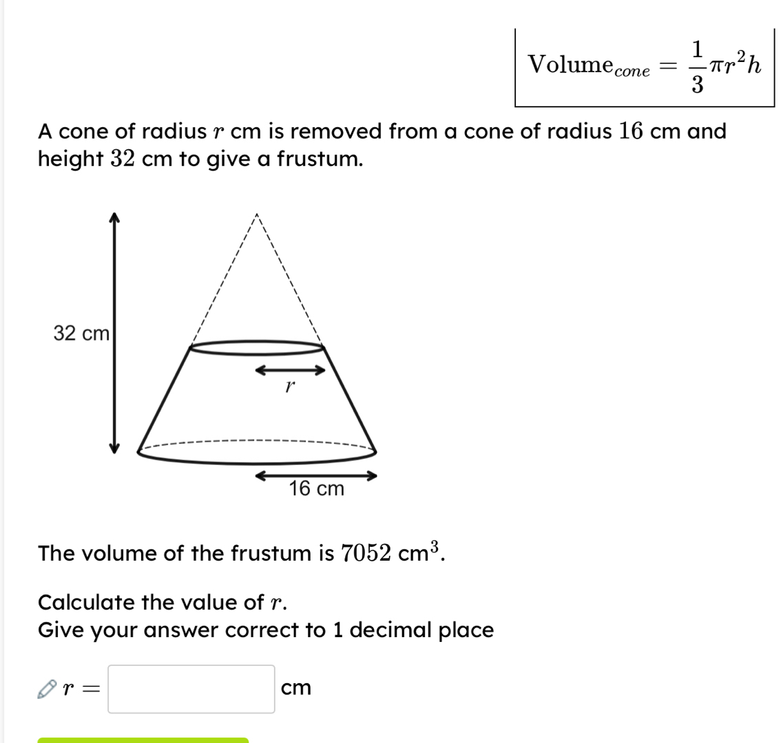 Gelöst:Volume cone = 1/3 π r^2h A cone of radius r cm is removed from a ...