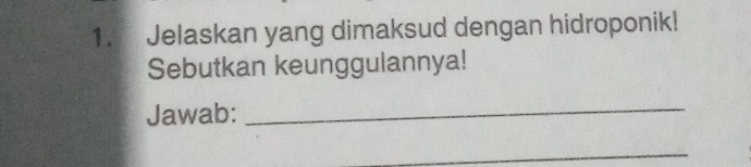 Jelaskan yang dimaksud dengan hidroponik! 
Sebutkan keunggulannya! 
Jawab:_ 
_