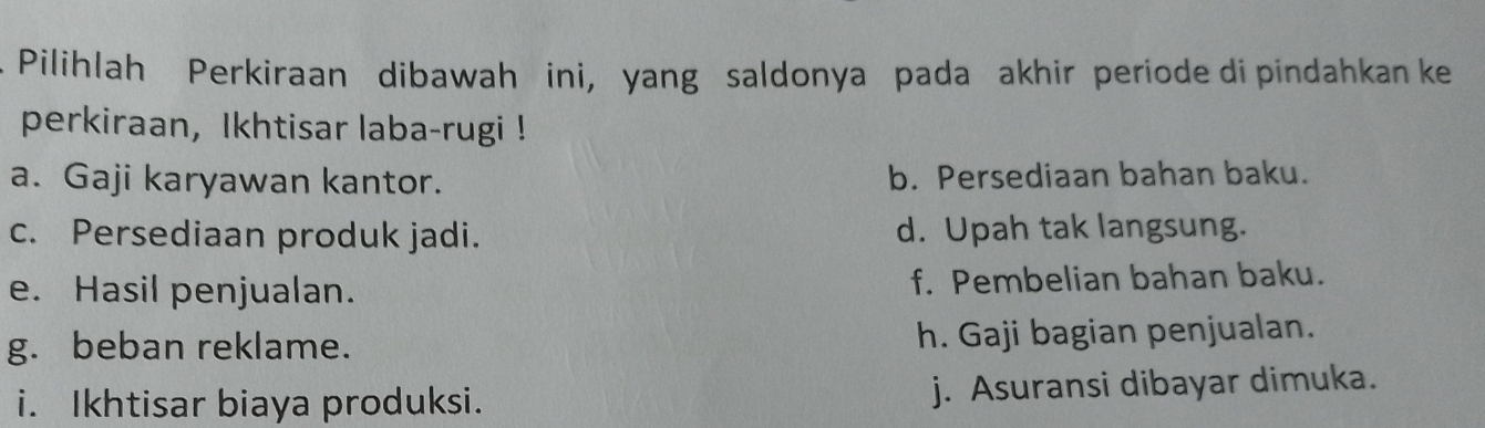 Pilihlah Perkiraan dibawah ini, yang saldonya pada akhir periode di pindahkan ke
perkiraan，Ikhtisar laba-rugi !
a. Gaji karyawan kantor. b. Persediaan bahan baku.
c. Persediaan produk jadi. d. Upah tak langsung.
e. Hasil penjualan. f. Pembelian bahan baku.
g. beban reklame. h. Gaji bagian penjualan.
i. Ikhtisar biaya produksi. j. Asuransi dibayar dimuka.