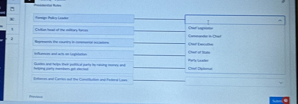 Presidendal Roles
Foreign Policy Leader
^
Cvillan head of the milltary forces
Chief Legislator
Commander in Chief
2 Regresents the country in ceremonial occasions Chief Executive
Influences and acts on Legislation
Chiel of State
Party Leader
Guldes and helps their political party by raising money and
helping party members get elected Chief Diplomat
Enforces and Camies out the Constitution and Federal Lows
Previous
Subm