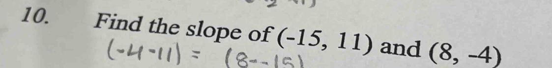 Find the slope of (-15,11) and (8,-4)