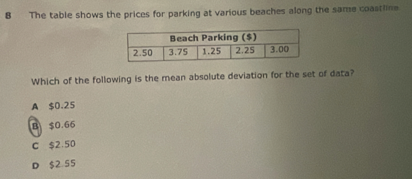 The table shows the prices for parking at various beaches along the same coastline
Which of the following is the mean absolute deviation for the set of data?
A $0.25
B $0.66
C $2.50
D $2 55