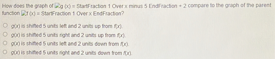 Solved: How does the graph of g(x)= StartFraction 1 Over x minus 5 ...