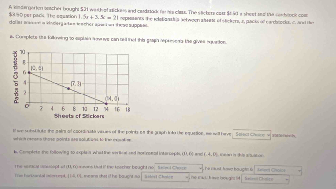 A kindergarten teacher bought $21 worth of stickers and cardstock for his class. The stickers cost $1.50 a sheet and the cardstock cost
$3.50 per pack. The equation 1.5s+3.5c=21 represents the relationship between sheets of stickers, s, packs of cardstocks, c, and the
dollar amount a kindergarten teacher spent on these supplies.
a. Complete the following to explain how we can tell that this graph represents the given equation.
If we substitute the pairs of coordinate values of the points on the graph into the equation, we will have Select Choice v statements.
which means those points are solutions to the equation.
b. Complete the following to explain what the vertical and horizontal intercepts, (0,6) and (14,0) mean in this situation.
The vertical intercept of (0,6) means that if the teacher bought no Select Choice he must have bought 6 Select Choice
The horizontal intercept, (14,0) , means that if he bought no Select Choice he must have bought 14 Select Choice