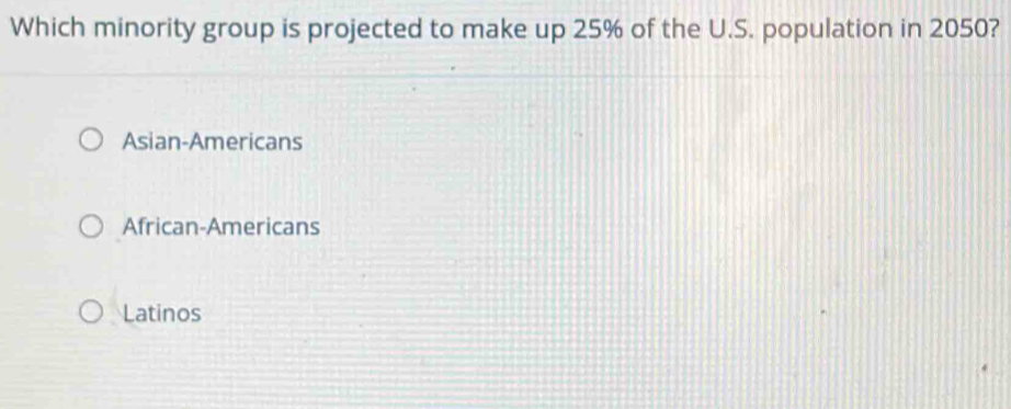 Which minority group is projected to make up 25% of the U.S. population in 2050?
Asian-Americans
African-Americans
Latinos