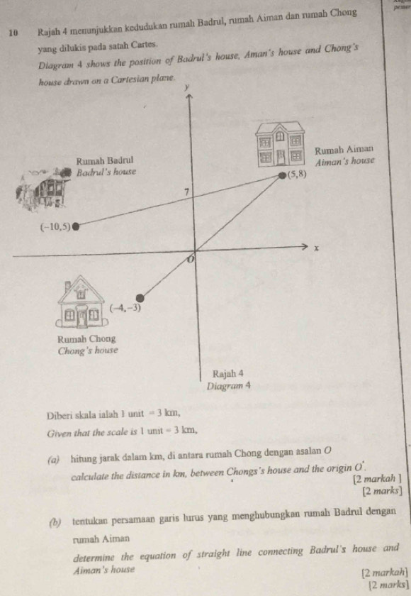 Rajah 4 menunjukkan kedudukan rumah Badrul, rumah Aiman dan rumah Chong pesur
yang dilukis pada satah Cartes.
Diagram 4 shows the position of Badrul's house, Aman's house and Chong's
Diberi skala ialah 1 unit =3km,
Given that the scale is 1unit=3km,
(q) hitung jarak dalam km, di antara rumah Chong dengan asalan O
calculate the distance in km, between Chongs's house and the origin O'.
[2 markah ]
[2 marks]
(b) tentukan persamaan garis lurus yang menghubungkan rumah Badrul dengan
rumah Aiman
determine the equation of straight line connecting Badrul's house and
Aiman's house
[2 markah]
[2 marks]