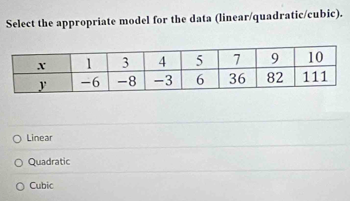 Select the appropriate model for the data (linear/quadratic/cubic).
Linear
Quadratic
Cubic