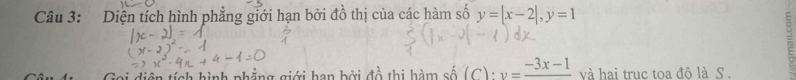 Diện tích hình phẳng giới hạn bởi đồ thị của các hàm số y=|x-2|, y=1
Gọi diện tích hình phẳng giới han bởi đồ thị hàm số (C): v=frac -3x-1 và hai truc toa đô là S .