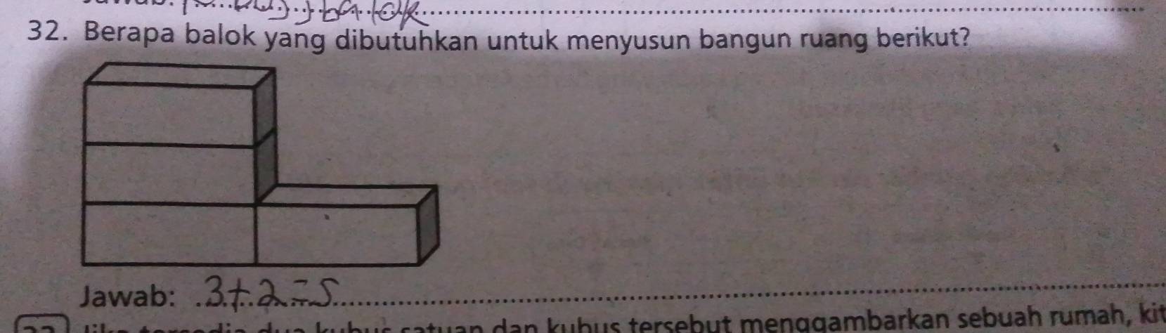 Berapa balok yang dibutuhkan untuk menyusun bangun ruang berikut? 
Jawab: 
dan kuḫus tersebut menggambarkan sebuah rumah, kit