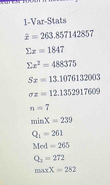 1-Var-Stats
overline x=263.857142857
sumlimits x=1847
sumlimits x^2=488375
Sx=13.1076132003
sigma x=12.1352917609
n=7
minX=239
Q_1=261
Med =265
Q_3=272
maxX=282