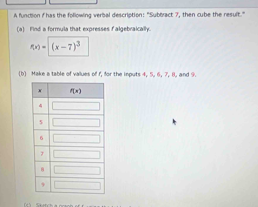 A function f has the following verbal description: "Subtract 7, then cube the result."
(a) Find a formula that expresses f algebraically.
f(x)=(x-7)^3
(b) Make a table of values of f, for the inputs 4, 5, 6, 7, 8, and 9.