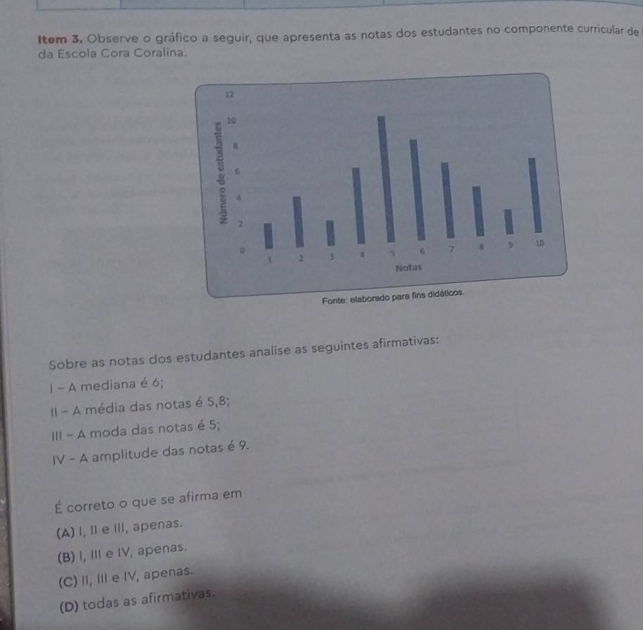 Item 3. Observe o gráfico a seguir, que apresenta as notas dos estudantes no componente curricular de
da Escola Cora Coralina.
Sobre as notas dos estudantes analise as seguintes afirmativas:
I - A mediana é 6;
II - A média das notas é 5,8;
III - A moda das notas é 5;
IV - A amplitude das notas é 9.
É correto o que se afirma em
(A) I, Ⅱ eI, apenas.
(B) I, Ⅲ eIV, apenas.
(C) I, Ⅲ e IV, apenas.
(D) todas as afirmativas.