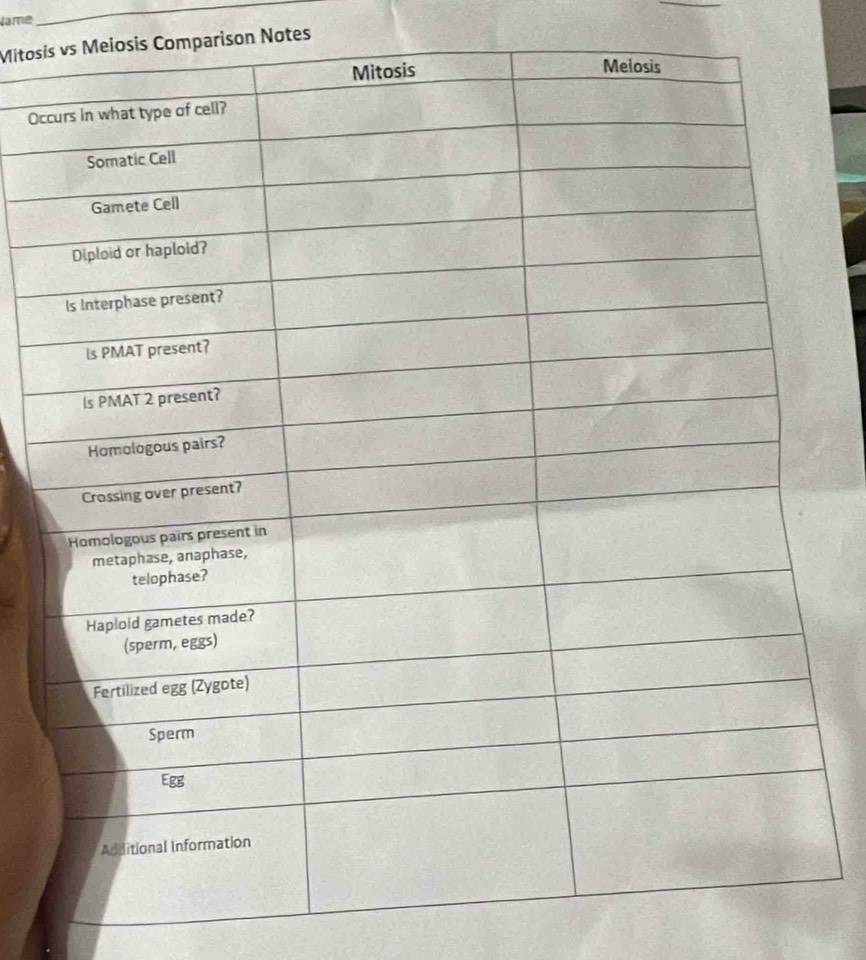 Name 
Mitosi Meiosis Comparison Notes 
Oc