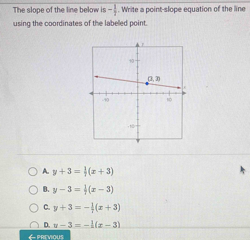 The slope of the line below is - 1/7 . Write a point-slope equation of the line
using the coordinates of the labeled point.
A. y+3= 1/7 (x+3)
B. y-3= 1/7 (x-3)
C. y+3=- 1/7 (x+3)
D. u-3=-frac 1(x-3)
PREVIOUS