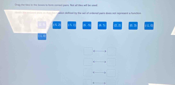 Drag the tiles to the boxes to form correct pairs. Not all tiles will be used.
bfetch the ondered paim so thast the ruation defined by the set of ordered pairs does not represent a function.
21 (-5, 2) (-5. 1) (6, -5) (6,5) (2,2) (0,3) O=0
(-1.6)