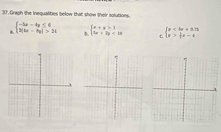 Graph the inequalities below that show their solutions.
a. beginarrayl -5x-4y≤ 6 2(4x-8y)>24endarray. beginarrayl x+y>1 5x+2y<10endarray. beginarrayl y<5x+0.75 y> 1/2 x-4endarray.
b.
C.