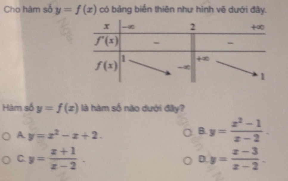 Cho hàm số y=f(x) có bảng biến thiên như hình vẽ dưới đây.
Hàm số y=f(x) là hàm số nào dưới đây?
A y=x^2-x+2.
B. y= (x^2-1)/x-2 .
C. y= (x+1)/x-2 . D. y= (x-3)/x-2 .