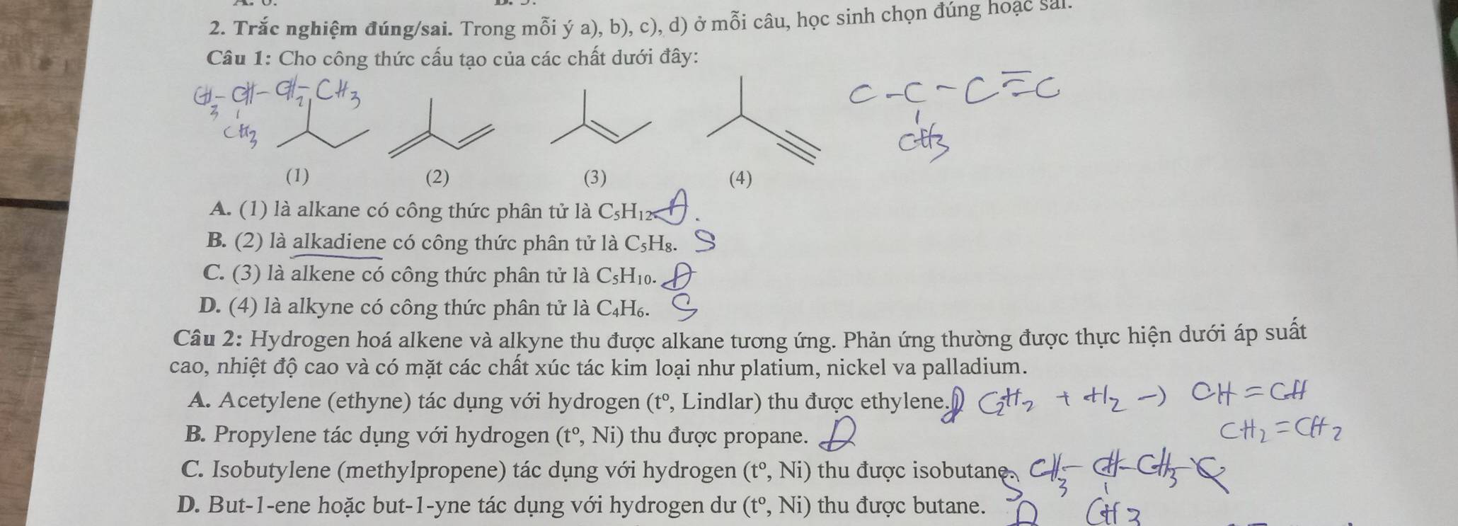 Trắc nghiệm đúng/sai. Trong mỗi ý a), b), c), d) ở mỗi câu, học sinh chọn đúng hoạc sai.
Câu 1: Cho công thức cấu tạo của các chất dưới đây:
(1) (2) (3) (4)
A. (1) là alkane có công thức phân tử là C_5H
B. (2) là alkadiene có công thức phân tử là C₅H₈.
C. (3) là alkene có công thức phân tử là C₅H₁₀.
D. (4) là alkyne có công thức phân tử là C₄H₆.
Câu 2: Hydrogen hoá alkene và alkyne thu được alkane tương ứng. Phản ứng thường được thực hiện dưới áp suất
cao, nhiệt độ cao và có mặt các chất xúc tác kim loại như platium, nickel va palladium.
A. Acetylene (ethyne) tác dụng với hydrogen (t° , Lindlar) thu được ethylene.
B. Propylene tác dụng với hydrogen (t°,Ni) thu được propane.
C. Isobutylene (methylpropene) tác dụng với hydrogen (t^o,Ni) thu được isobutane.
D. But -1 -ene hoặc but -1 -yne tác dụng với hydrogen dư (t^o,Ni) thu được butane.