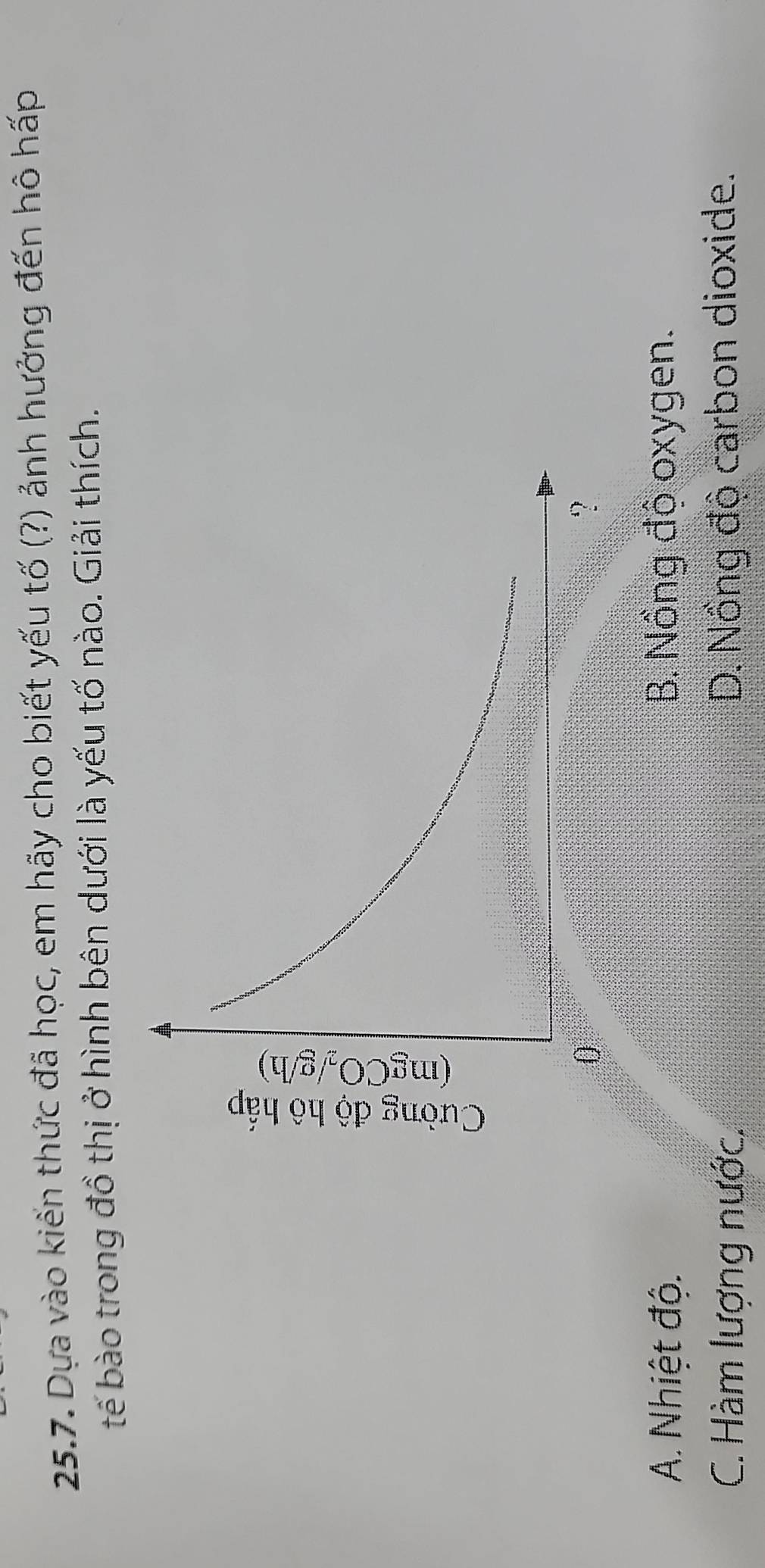 Dựa vào kiến thức đã học, em hãy cho biết yếu tố (?) ảnh hưởng đến hô hấp
tế bào trong đồ thị ở hình bên dưới là yếu tố nào. Giải thích.
A. Nhiệt độ. B. Nồng độ oxygen.
C. Hàm lượng nước. D. Nồng độ carbon dioxide.