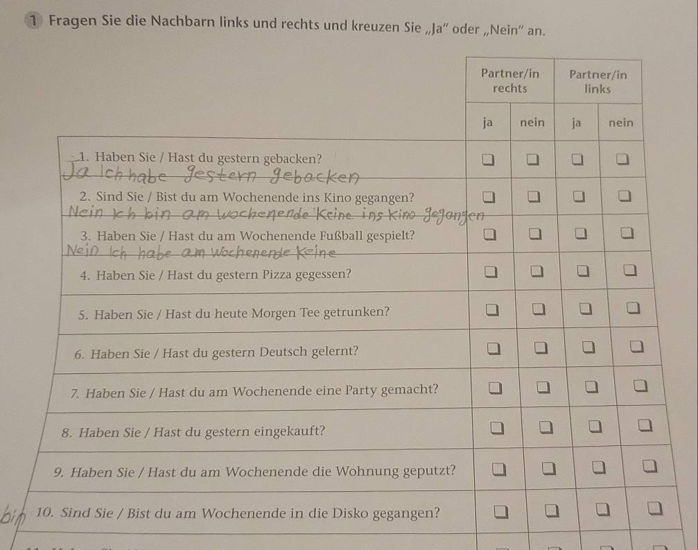 Fragen Sie die Nachbarn links und rechts und kreuzen Sie „Ja“ oder „Nein“ an.