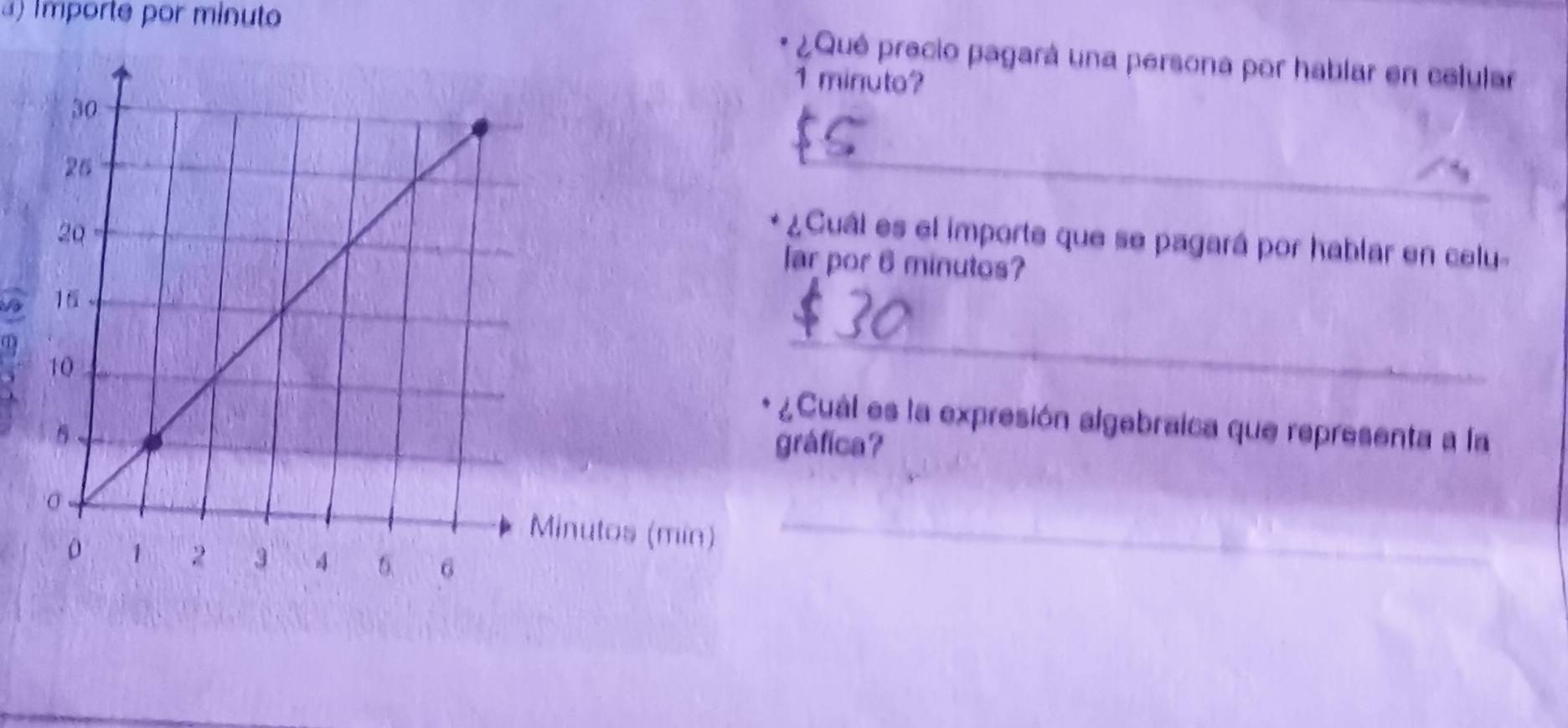 a orte por minuto ¿Qué precio pagará una persona por hablar en celular
1 minuto? 
_ 
¿Cuál es el importe que se pagará por hablar en celu 
ar por 6 minutos? 
_ 
¿Cuál es la expresión algebraica que representa a la 
gráfica? 
_ 
tos (min)