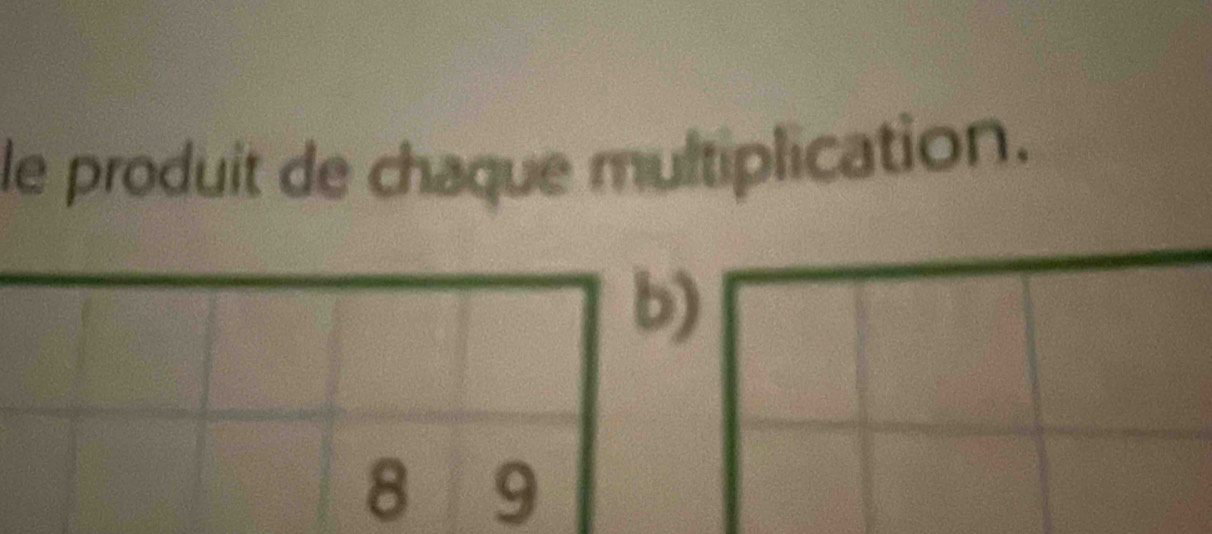 le produit de chaque multiplication. 
b)
8 9