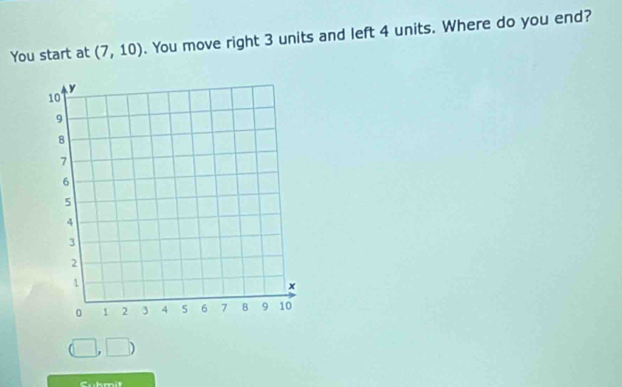 You start at (7,10). You move right 3 units and left 4 units. Where do you end?
(□ ,□ )