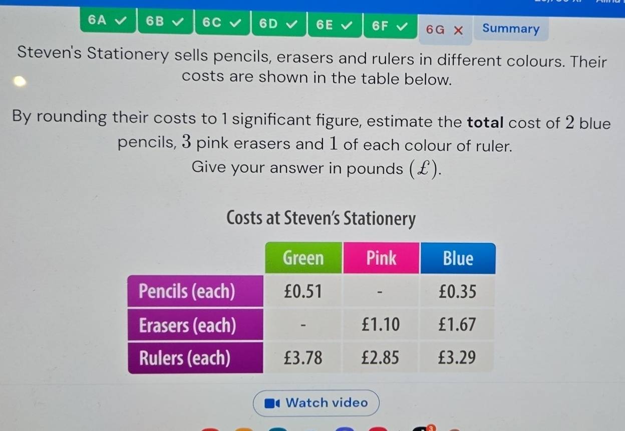 6A 6B 6C 6D 6E 6F 6G × Summary 
Steven's Stationery sells pencils, erasers and rulers in different colours. Their 
costs are shown in the table below. 
By rounding their costs to 1 significant figure, estimate the total cost of 2 blue 
pencils, 3 pink erasers and 1 of each colour of ruler. 
Give your answer in pounds (£). 
Costs at Steven's Stationery 
Watch video