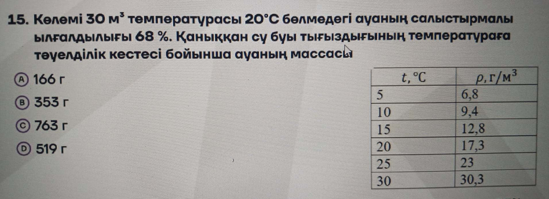 Kəлθмi 30M^3 температурасы 20°C белмедегі αγанын салыстырмаль
ылδαлдыΙлыіδы| 68 %. Каныιккан су буыі тыіδы|здыΙδыныін темперαтураFа
Τθγелділіκ κестесі бοйыншα αγанын массасы
A 166 r
Ⓑ 353 r
© 763 r
© 519 r