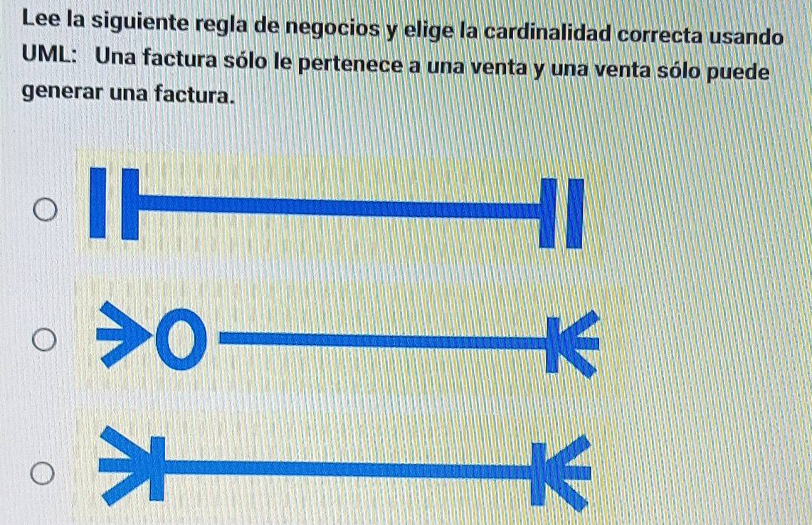 Lee la siguiente regla de negocios y elige la cardinalidad correcta usando 
UML: Una factura sólo le pertenece a una venta y una venta sólo puede 
generar una factura.