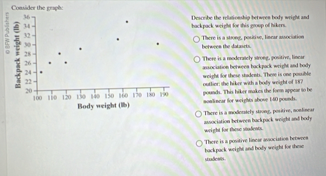 Consider the graph:
36 Describe the relationship between body weight and
34 backpack weight for this group of hikers.
32
There is a strong, positive, linear association
30
between the datasets.
28
26 There is a moderately strong, positive, linear
24 association between backpack weight and body
weight for these students. There is one possible
22
outlier: the hiker with a body weight of 187
20
100 110 120 130 140 150 160 170 180 190 pounds. This hiker makes the form appear to be
Body weight (lb) nonlinear for weights above 140 pounds.
There is a moderately strong, positive, nonlinear
association between backpack weight and body
weight for these students.
There is a positive linear association between
backpack weight and body weight for these
students.