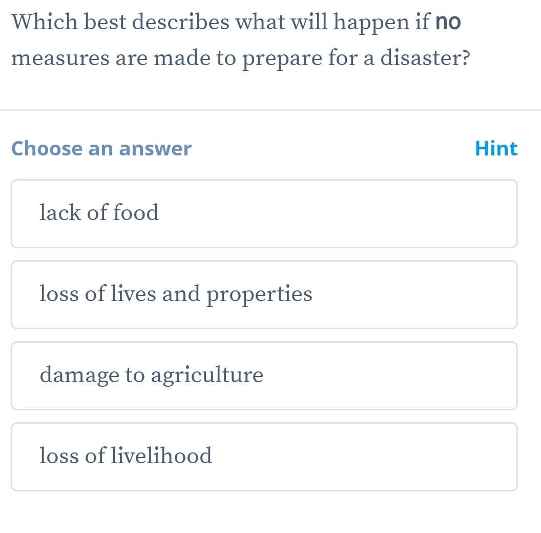 Which best describes what will happen if no
measures are made to prepare for a disaster?
Choose an answer Hint
lack of food
loss of lives and properties
damage to agriculture
loss of livelihood