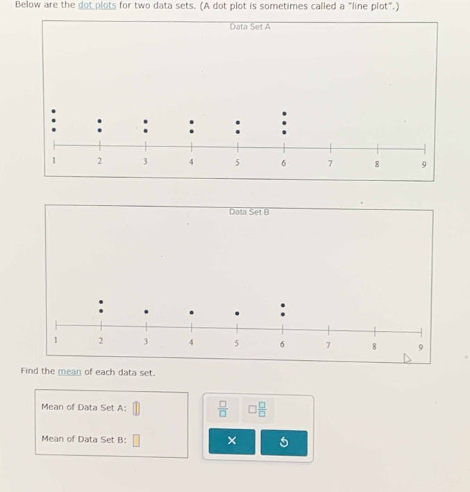 Solved: Below are the dot plots for two data sets. (A dot plot is ...