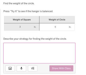 Find the weight of the circle. 
Press "Try it° to see if the hanger is balanced. 
Describe your strategy for finding the weight of the circle. 
sqrt(± ) Share With Class