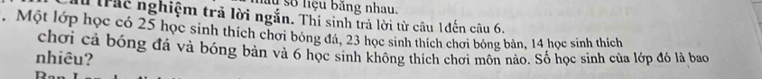 ly số liệu băng nhau. 
lừ Trt nghiệm trả lời ngắn. Thí sinh trả lời từ câu 1đến câu 6. 
, Một lớp học có 25 học sinh thích chơi bóng đá, 23 học sinh thích chơi bóng bản, 14 học sinh thích 
chơi cả bóng đá và bóng bản và 6 học sinh không thích chơi môn nào. Số học sinh của lớp đó là bao 
nhiêu?