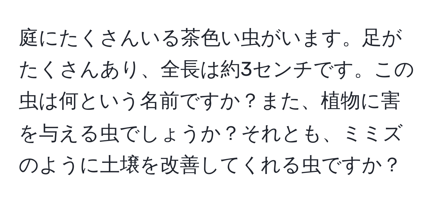 庭にたくさんいる茶色い虫がいます。足がたくさんあり、全長は約3センチです。この虫は何という名前ですか？また、植物に害を与える虫でしょうか？それとも、ミミズのように土壌を改善してくれる虫ですか？