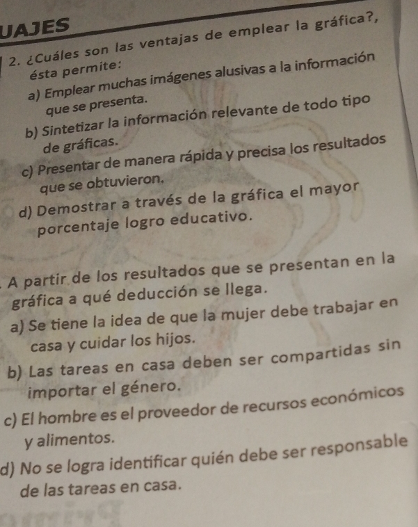 UAJES
2. ¿Cuáles son las ventajas de emplear la gráfica?,
ésta permite:
a) Emplear muchas imágenes alusivas a la información
que se presenta.
b) Sintetizar la información relevante de todo tipo
de gráficas.
c) Presentar de manera rápida y precisa los resultados
que se obtuvieron.
d) Demostrar a través de la gráfica el mayor
porcentaje logro educativo.
A partir de los resultados que se presentan en la
gráfica a qué deducción se llega.
a) Se tiene la idea de que la mujer debe trabajar en
casa y cuidar los hijos.
b) Las tareas en casa deben ser compartidas sin
importar el género.
c) El hombre es el proveedor de recursos económicos
y alimentos.
d) No se logra identificar quién debe ser responsable
de las tareas en casa.