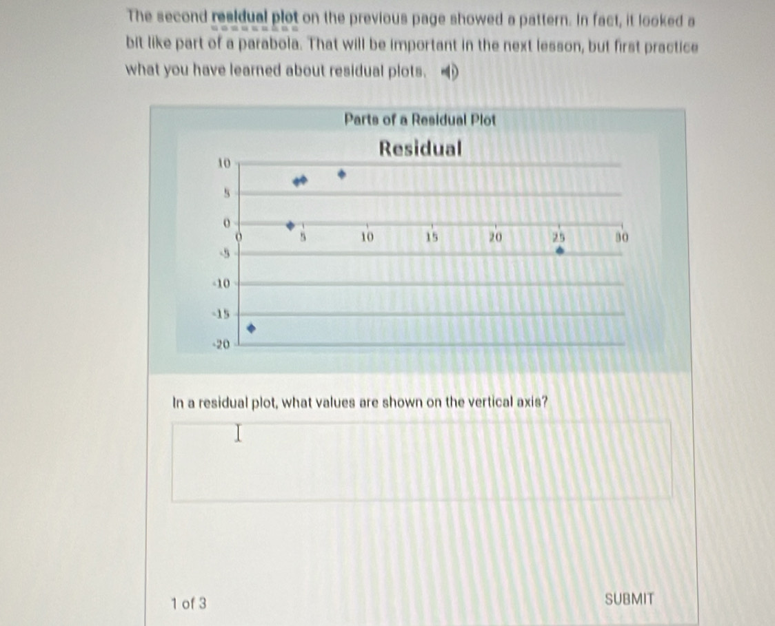 The second residual plot on the previous page showed a pattern. In fact, it looked a 
bit like part of a parabola. That will be important in the next lesson, but first practice 
what you have learned about residual plots. 
Parts of a Residual Plot 
Residual
10
5
o 
o 5 10 15 20 25 30
-5
-10
-15
-20
In a residual plot, what values are shown on the vertical axis? 
1 of 3 SUBMIT