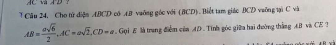 AC và A'D
* Câu 24. Cho tử diện ABCD có AB vuông góc với (BCD).Biết tam giác BCD vuông tại C và
AB= asqrt(6)/2 , AC=asqrt(2), CD=a. Gọi E là trung điểm của AD. Tính góc giữa hai đường thẳng AB và CE ? 
T R và