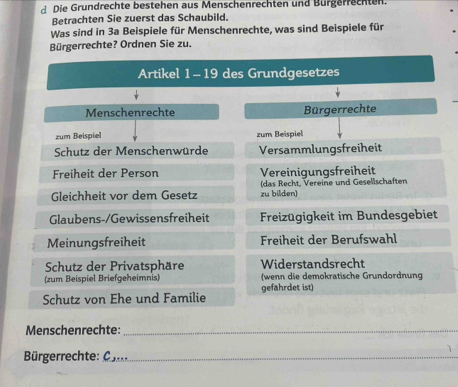 Die Grundrechte bestehen aus Menschenrechten und Bürgerrechten. 
Betrachten Sie zuerst das Schaubild. 
Was sind in 3a Beispiele für Menschenrechte, was sind Beispiele für 
Bürgerrechte? Ordnen Sie zu. 
Artikel 1 -19 des Grundgesetzes 
Menschenrechte Bürgerrechte 
zum Beispiel zum Beispiel 
Schutz der Menschenwürde Versammlungsfreiheit 
Freiheit der Person Vereinigungsfreiheit 
Gleichheit vor dem Gesetz zu bilden) (das Recht, Vereine und Gesellschaften 
Glaubens-/Gewissensfreiheit Freizügigkeit im Bundesgebiet 
Meinungsfreiheit Freiheit der Berufswahl 
Schutz der Privatsphäre Widerstandsrecht 
(zum Beispiel Briefgeheimnis) (wenn die demokratische Grundordnung 
Schutz von Ehe und Familie gefahrdet ist) 
Menschenrechte:_ 
1 
Bürgerrechte: C,...