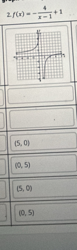 f(x)=- 4/x-1 +1
(5,0)
(0,5)
(5,0)
(0,5)