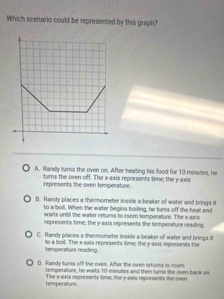 Which scenario could be represented by this graph?
A. Randy turns the oven on. After heating his food for 10 minutes, he
turns the oven off. The x-axis represents time; the y-axis
represents the oven temperature.
B. Randy places a thermometer inside a beaker of water and brings it
to a boil. When the water begins boiling, he turns off the heat and
waits until the water returns to room temperature. The x-axis
represents time; the y-axis represents the temperature reading.
C. Randy places a thermometer inside a beaker of water and brings it
to a boil. The x-axis represents time; the y-axis represents the
temperature reading.
D. Randy turns off the oven. After the oven returns to roorn
temperature, he waits 10 minutes and then turns the oven back on.
The x-axis represents time; the y-axis represents the oven
temperature.