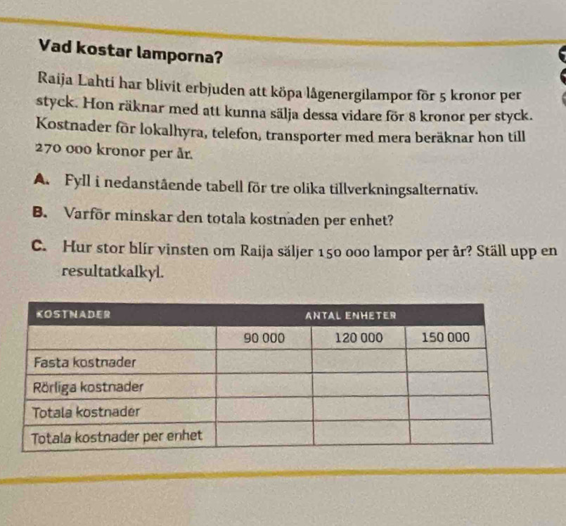 Vad kostar lamporna? 
Raija Lahti har blivit erbjuden att köpa lågenergilampor för 5 kronor per 
styck. Hon räknar med att kunna sälja dessa vidare för 8 kronor per styck. 
Kostnader for lokalhyra, telefon, transporter med mera beräknar hon till
270 000 kronor per år. 
A. Fyll i nedanstâende tabell för tre olika tillverkningsalternatív. 
B. Varfor minskar den totala kostnaden per enhet? 
C. Hur stor blir vinsten om Raija säljer 150 000 lampor per år? Ställ upp en 
resultatkalkyl.