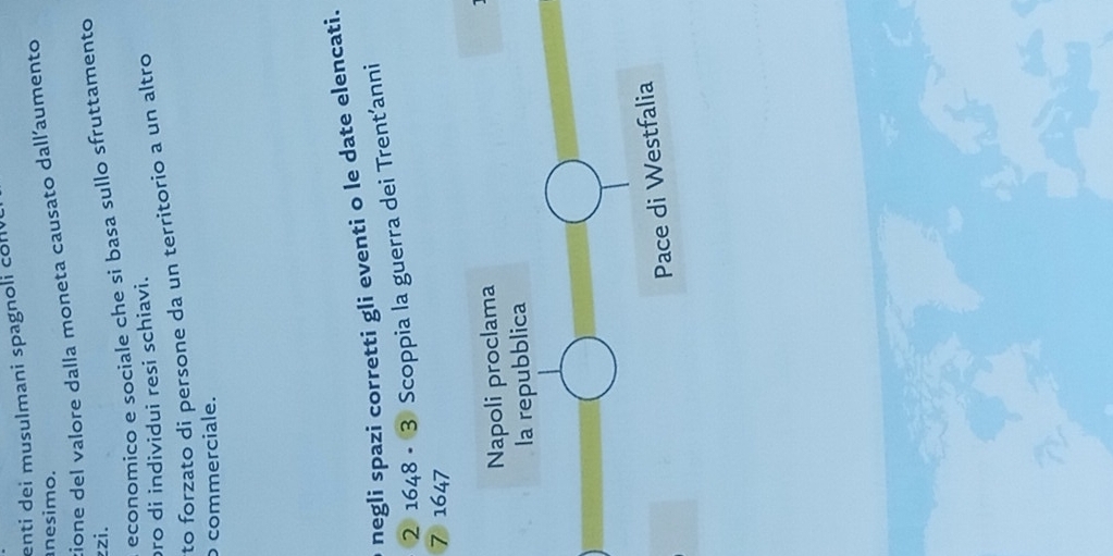 enti dei musulmani spagnoi com 
nesimo. 
cione del valore dalla moneta causato dall’aumento 
zzi. 
economico e sociale che si basa sullo sfruttamento 
ro di individui resi schiavi. 
to forzato dí persone da un territorio a un altro 
o commerciale. 
negli spazi corretti gli eventi o le date elencati. 
2 1648 - ③ Scoppia la guerra dei Trent’anni
7 1647
Napoli proclama 
la repubblica 
Pace di Westfalia