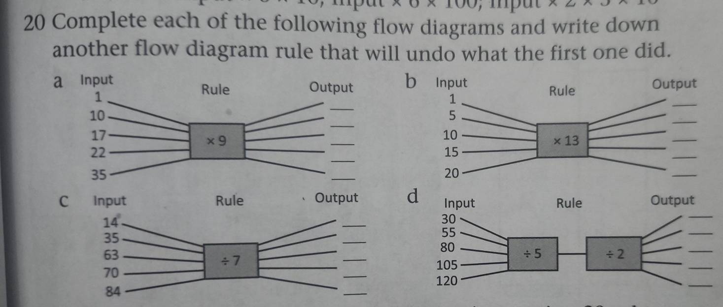 Complete each of the following flow diagrams and write down
another flow diagram rule that will undo what the first one did.
C Input Rule Output 
14
_
35
_
63
_
/ 7
70
_
84
_