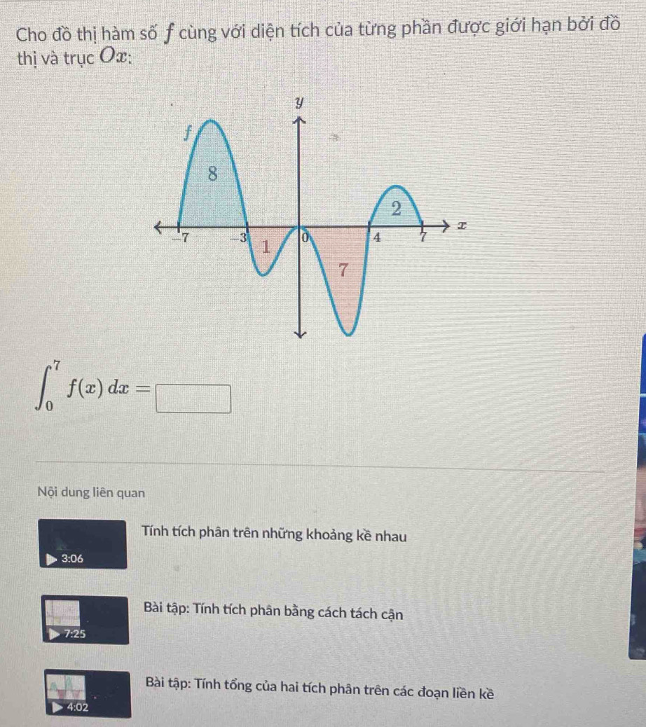 Cho đồ thị hàm số f cùng với diện tích của từng phần được giới hạn bởi đồ
thị và trục Ox :
∈t _0^7f(x)dx=□
Nội dung liên quan
Tính tích phân trên những khoảng kề nhau
3:06
Bài tập: Tính tích phân bằng cách tách cận
7:25
Bài tập: Tính tổng của hai tích phân trên các đoạn liền kề
4:02