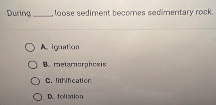 During _, loose sediment becomes sedimentary rock.
A. ignation
B. metamorphosis
C. lithification
D. foliation